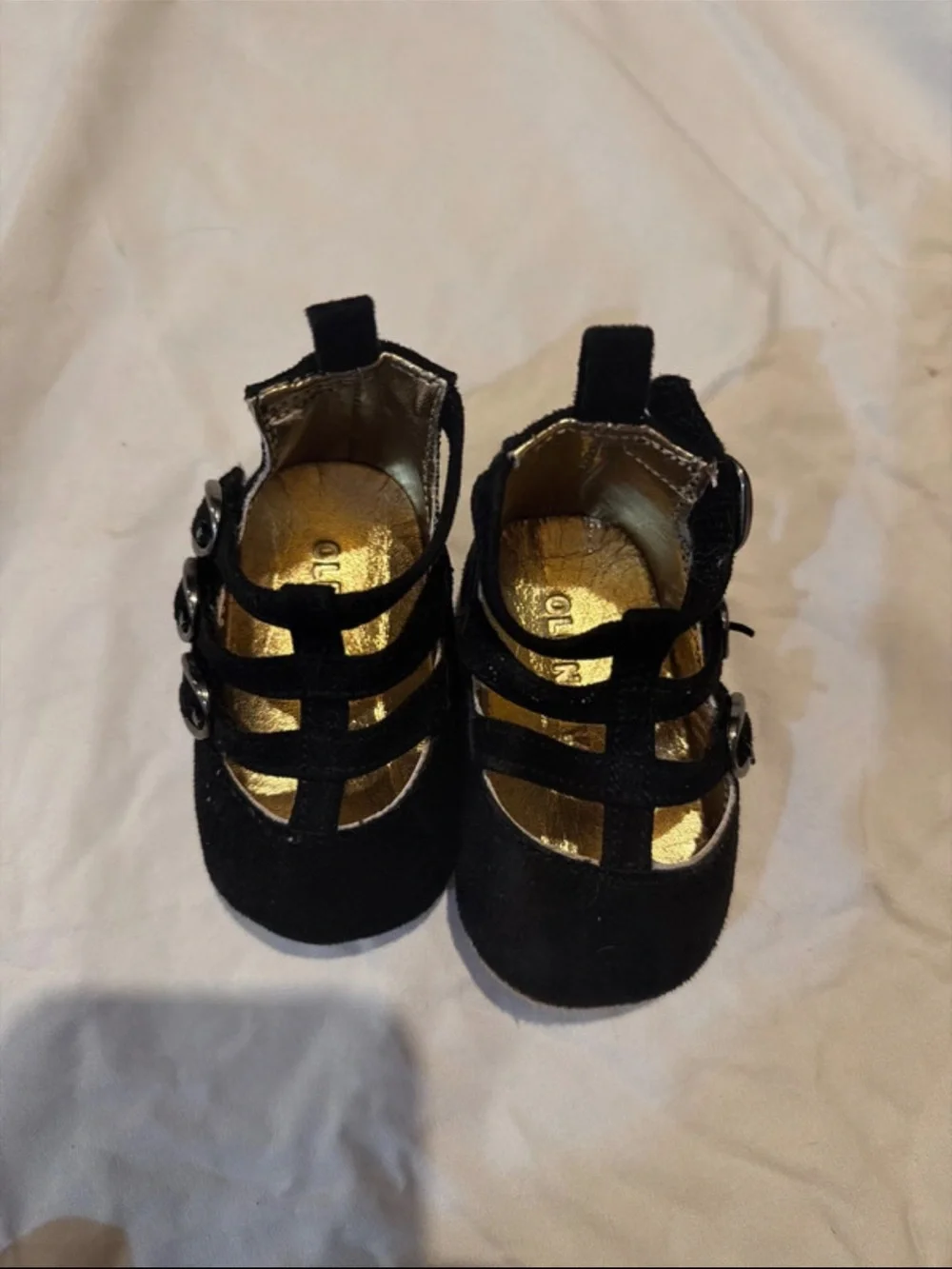 Kids Black T-Strap Dress Shoes with Gold Interior 0-3 months